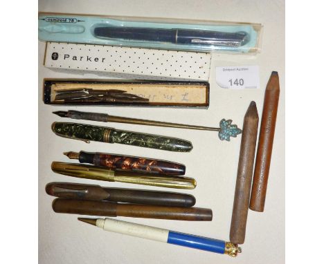 Vintage fountain pens, some with 14k gold nibs. Inc. a Parker Parkette (no cap), Esterbrook Relief, Swan, Mabie-Todd Self Fil