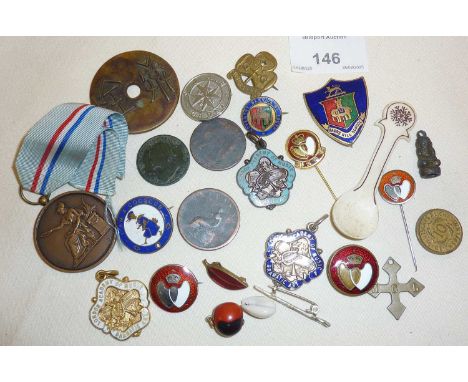 Various enamel badges and old coins 