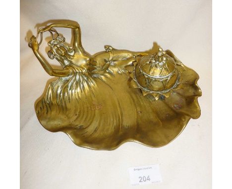 French bronze Art Nouveau desk inkstand with stylised lady in the manner of Raoul Francois Larche, approx. 25cm wide