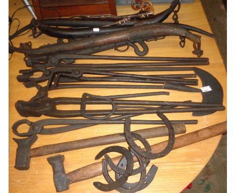 Collection of Farriers and Smiths iron tools and two pairs of haimes