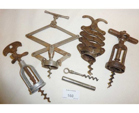Old corkscrews inc. a French "Perfect" style advertising Triple Sec Villette, a Perrile type, a Polichinelle Kisply, a picnic