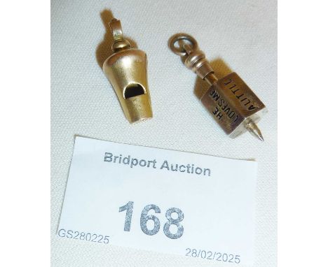 Antique 9ct gold whistle charm for bracelet, and a silver gilt "Effeuiller la Marguerite" spinner charm with painted enamel d