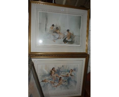 Russell Flint colour print, numbered in pencil, 2 Gordon King prints and a watercolour portrait titled "The Cabaret Girl", ar