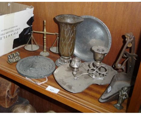 Assorted metalware, inc. chamber sticks, steel hanging whale oil lamp, Danish pewter salver, Persian bronze vase, etc.