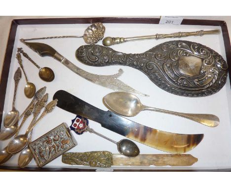 Miscellaneous items, a silver backed hand mirror, Christofle spoon, Malaysian Kelewana Kalantan sword letter opener, ornate b