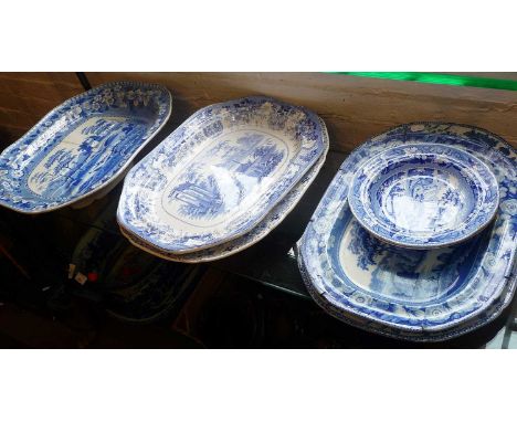 Victorian blue and white transfer print meat platter in the Chinese Pagoda pattern (A/F), another similar in 'Wild Rose' patt