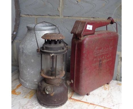 Vintage Eversure tin petrol can, a Tilley lamp and a milk churn 