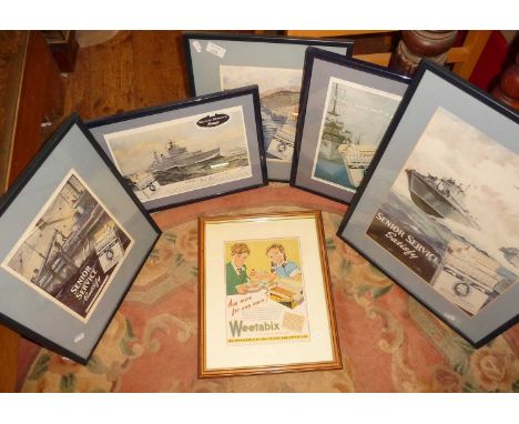 Five framed "Senior Service" cigarette adverts, and an advert for "Weetabix - any more for any more"