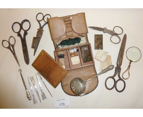 Antique leather cased sewing kit, embroidery and sewing scissors, John James &amp; Sons needle packets, etc 