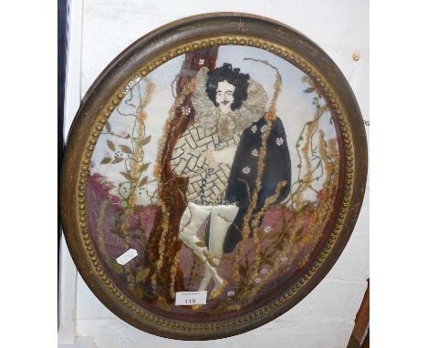 Embroidery and applique fabric picture of a stylised Restoration gentleman in doublet and hose 