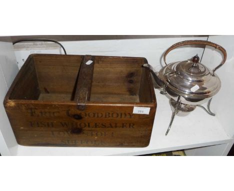 Old wood box for oysters from Eric Goodbody, Fish Wholesalers, Lowestoft and an Art Nouveau silver plated kettle on stand