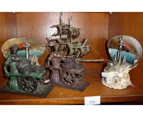 Two bronze models of Molly Malone's statue in Dublin and two seashell inkwells with anchors bearing miniature thermometers an