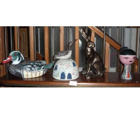 Paul Jenkins Frith resin "Howard Hare" bronzed sculpture, an Italian ceramic pot, studio pottery bird on rock and a Pacific R