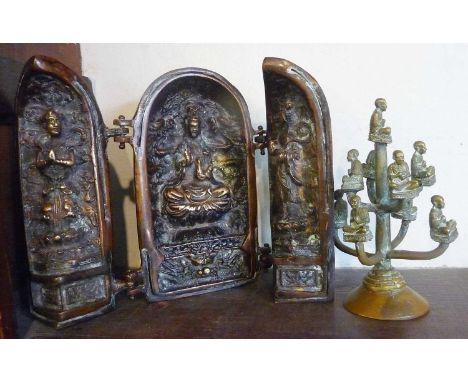 Chinese bronze folding/travelling Buddhist shrine, together with brass Buddha "tree" sculpture