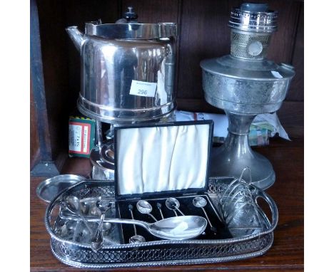 Assorted silver plated ware inc. campaign/picnic kettle with spirit burner, tray, cutlery, etc., and an oil lamp