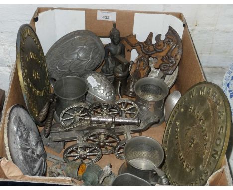 Metalware inc. cannons, chocolate egg moulds, tankards, two Marr &amp; Son brass safe plaques, bells, etc.