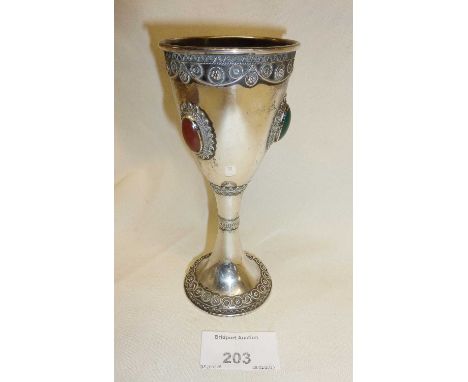 Judaica: Silver chalice or Kiddush cup decorated with semi-precious gemstones and filigree work. Approx. 13.5cm high and 74g.