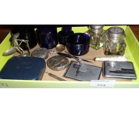 Miscellaneous items, inc. Bristol blue glass liners, inkwells and scrap silver pot lids etc.