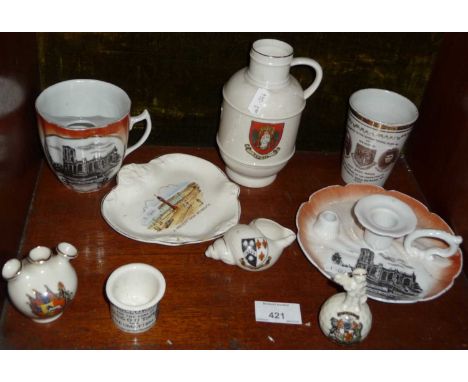 Local crested and transfer printed souvenir ware from Yeovil and Weymouth. Also inc. a 19th c. Holloway's Ointment Chemist's 