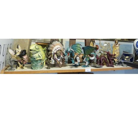 Assorted resin, china and metal dragons, Native American figures, inc. an Andy Titcombe chameleon tea pot