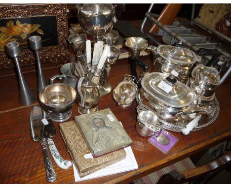 Collection of metalware inc., Celtic patterned silver-plated tea set, coffee bean spoons, icon, vases, candlesticks, etc.