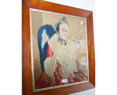 Victorian naive woolwork portrait of an old lady with spectacles reading a John Bull newspaper, in mahogany frame, 23" x 20" 