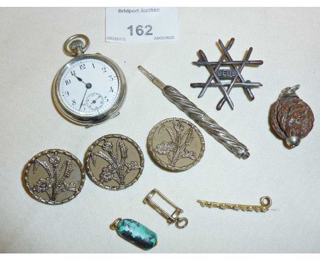 Old buttons, small pocket watch, turquoise nugget fob and a nut fob or charm, together with some scrap gold (approx 2g)