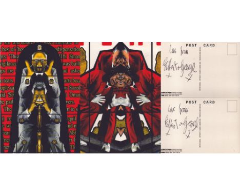 Gilbert and George, artists. Two dual signed 6x4 inch unused photo postcards from 2005. Both signed to back. They are known f