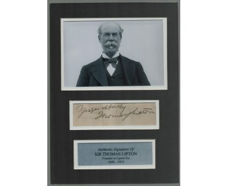 Sir Thomas Lipton 12x8 inch overall mounted signature piece includes signed album page, vintage black and white photo and nam