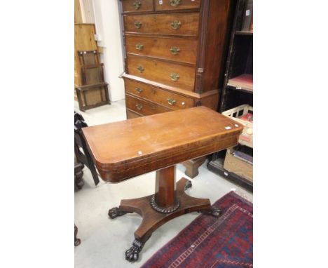 William IV Rosewood Card Table, rectangular folding top enclosing a green baise interior raised on a column support and platf
