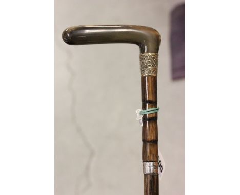 Horn Handled Walking Stick with Silver Band, B'ham 1905