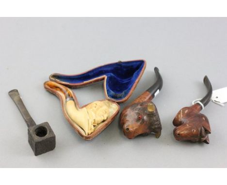 Leather Cased Meerschaum Pipe in the form of a Gentleman with Amber Mouth Piece together with a Wooden 'Bull Head' Pipe with 