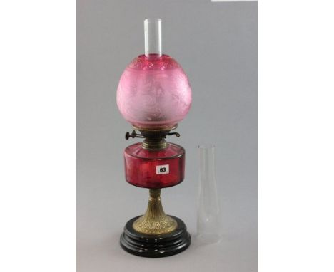 Victorian Brass Oil Lamp with Ruby Etched Globe Glass Shade and Ruby Glass Well