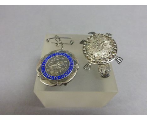 Silver & Enamel General Nursing Council Badge 1925 and a White Metal Filigree Tortoise Brooch