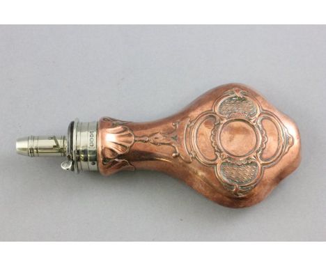 19th century Copper Powder Flask with Silver Plated Top marked Dixon & Sons