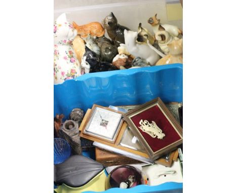 Collection of Ceramic Cat Figures plus Barometer, Wooden Box, Haig Water Jug and other items