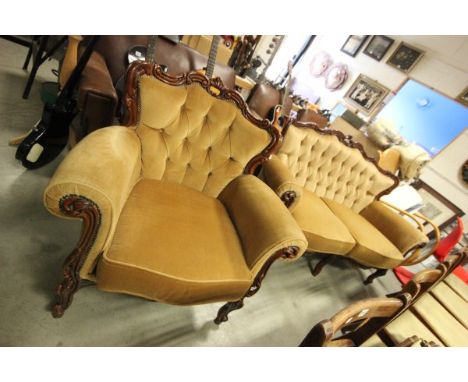 Victorian Style Button Back Two Seater Settee and Matching Armchair with Ornate Back Rail