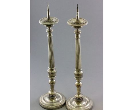 Pair of Electroplated Prickets with Classical Column Supports, 72cms tall
