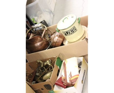 Three Boxes containing Mixed Metalware including Copper Coal Scuttle, Kettle, Planter, Brass Ornaments, Stands, Enamel Flour 