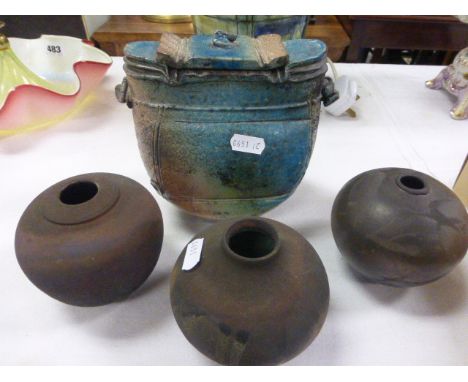 Hugh West Studio Pottery Lidded Jar in the form of a Water Flask, seal mark HW for Carnon Downs together with Three Studio Po