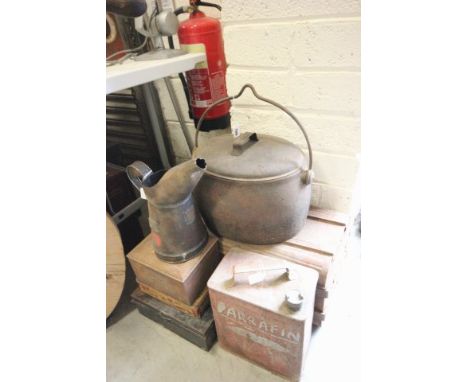 Large Cast Iron Cooking Pot, Old Tin Trunk, Paraffin Oil Can, Military 1/2 Gallon Oil Jug and Three Old Tins