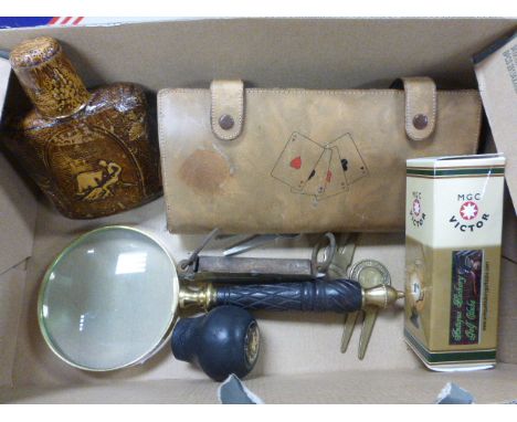 Box of Sundries to include Wooden Handled Magnifier, Leather Card Case, Scales, Hip Flask, etc