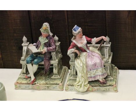 Pair of 19th century Continental Porcelain Figures of a Lady sat on a Bench and a Gentleman sat on a Bench, impressed mark to