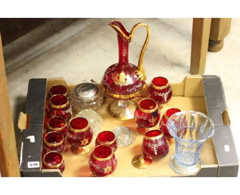 Ruby Glass and Gilt Overlay Claret Jug plus Various Matching Balloon Glasses together with Two Glass Decanters, Edwardian Gla