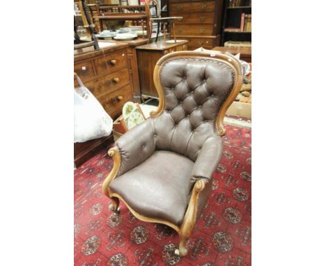 Victorian Mahogany Framed Button Back Armchair with carved scroll supports