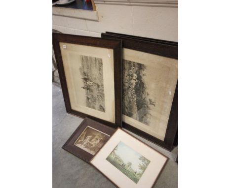 Four Large Oak Framed 'Thomas Blink' Black and White Hunting Prints together with another Oak Framed Print and a Cricket Scen