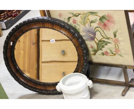 Mahogany Oval Framed Mirror, Needlework Firescreen and a White Glazed Planter with Goat Mask Handles