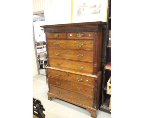 Georgian Mahogany Chest on Chest, blind fretwork frieze and column canted corners raised on bracket feet