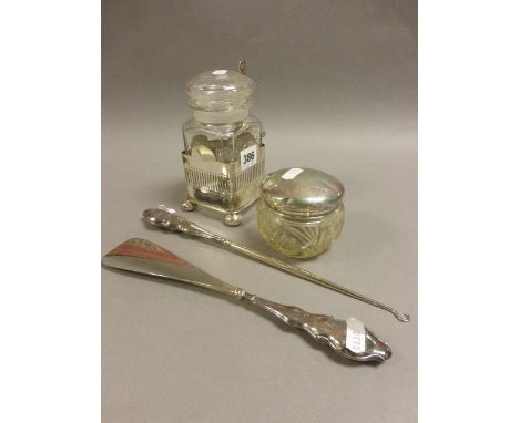 Large Silver Handled Button Hook and Shoe Horn, Silver Top Glass Dressing Jar and a Glass Pickle Jar on Silver Plated Stand w