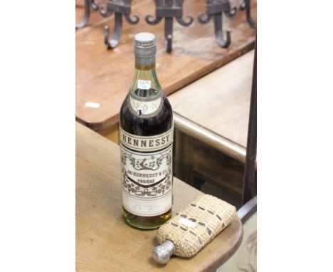Vintage Bottle of Hennessy Cognac and a Wicker Covered Hip Flask
